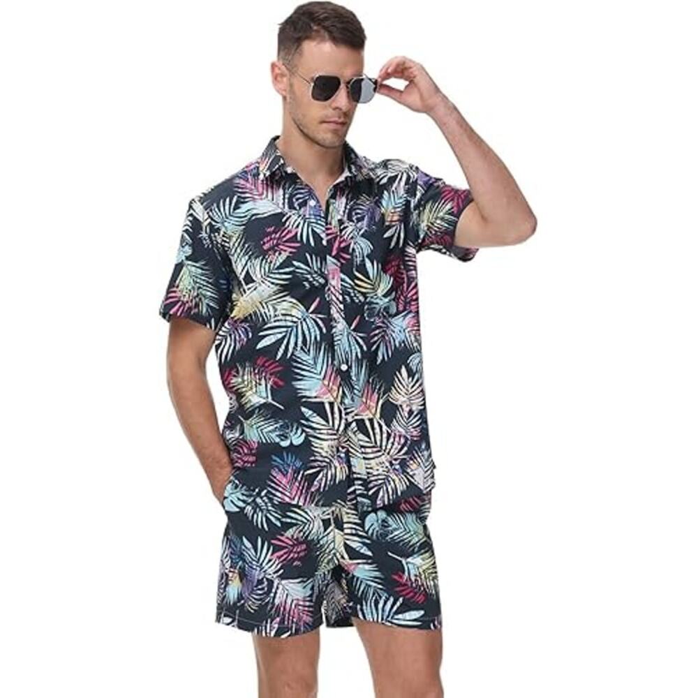 Outdoor Sports Men's 3XL Hawaiian Shirt Tropical Leaf Print‎ Short Sleeve Casual